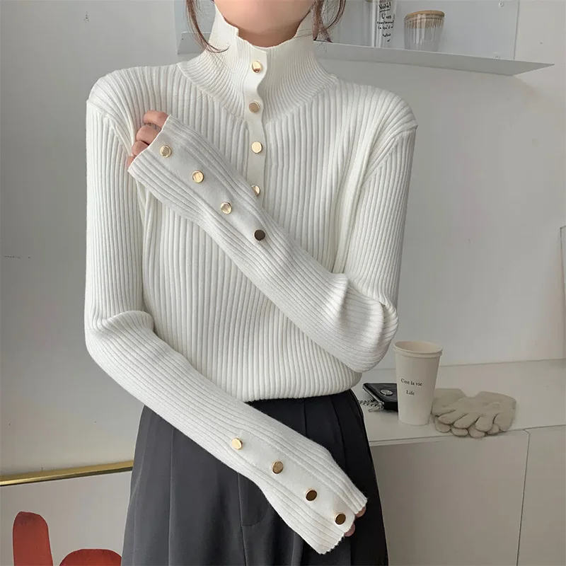 

Осенне-зимняя женская новая водолазка с тонким узором и пуговицами свитером внутри, женский дизайн, шикарный мягкий свитер