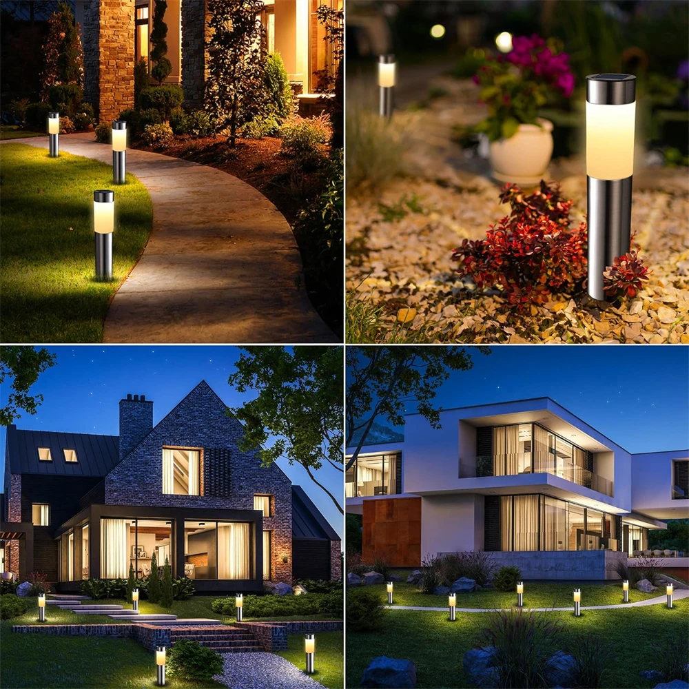 Solar Stainless Steel Pathway Light Large LED Courtyard Outdoor Garden Cylindrical Outdoor Waterproof Lawn Light Lamps