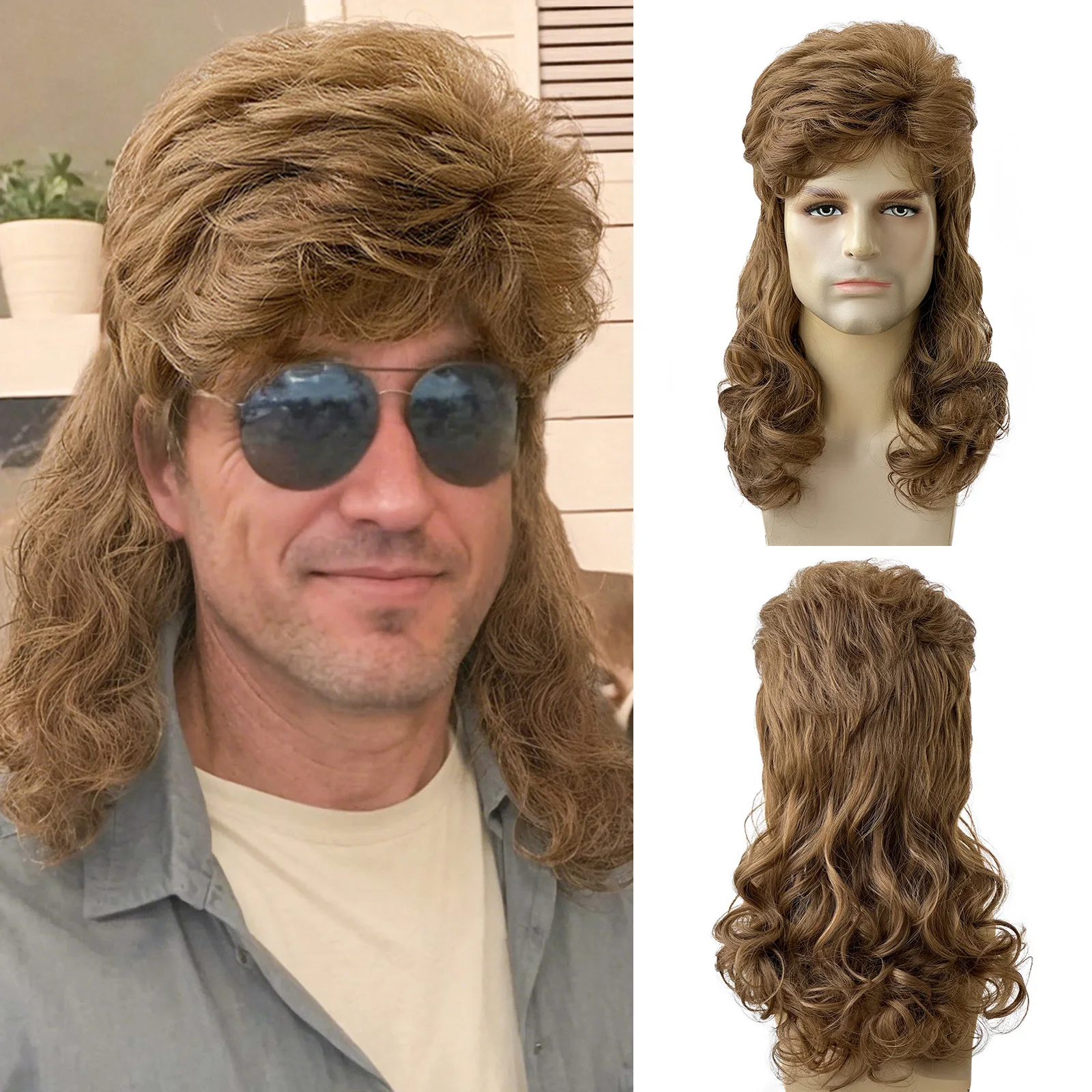 BCHR Длинные вьющиеся волнистые коричневые парики для мужчин Синтетический натуральный парик для Хэллоуина для косплея