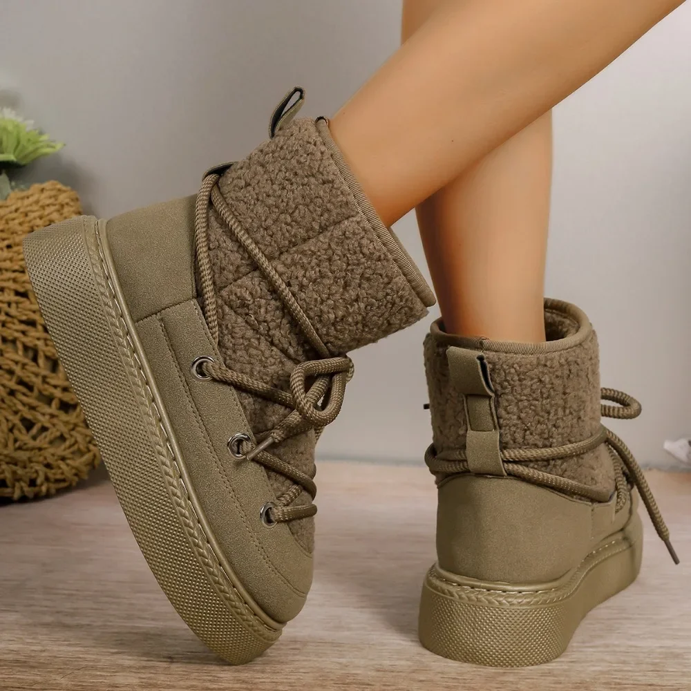 

Women Ankle Boots Autumn Winter Warm Snow Boots Fashion Cross-Tied Genuine Leather Flats Platforms Shoes Woman Leisure Boots