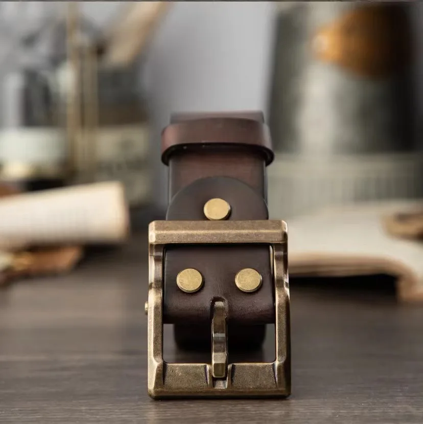Мужской винтажный брючный ремень из воловьей кожи с латунной пряжкой и верхним слоем