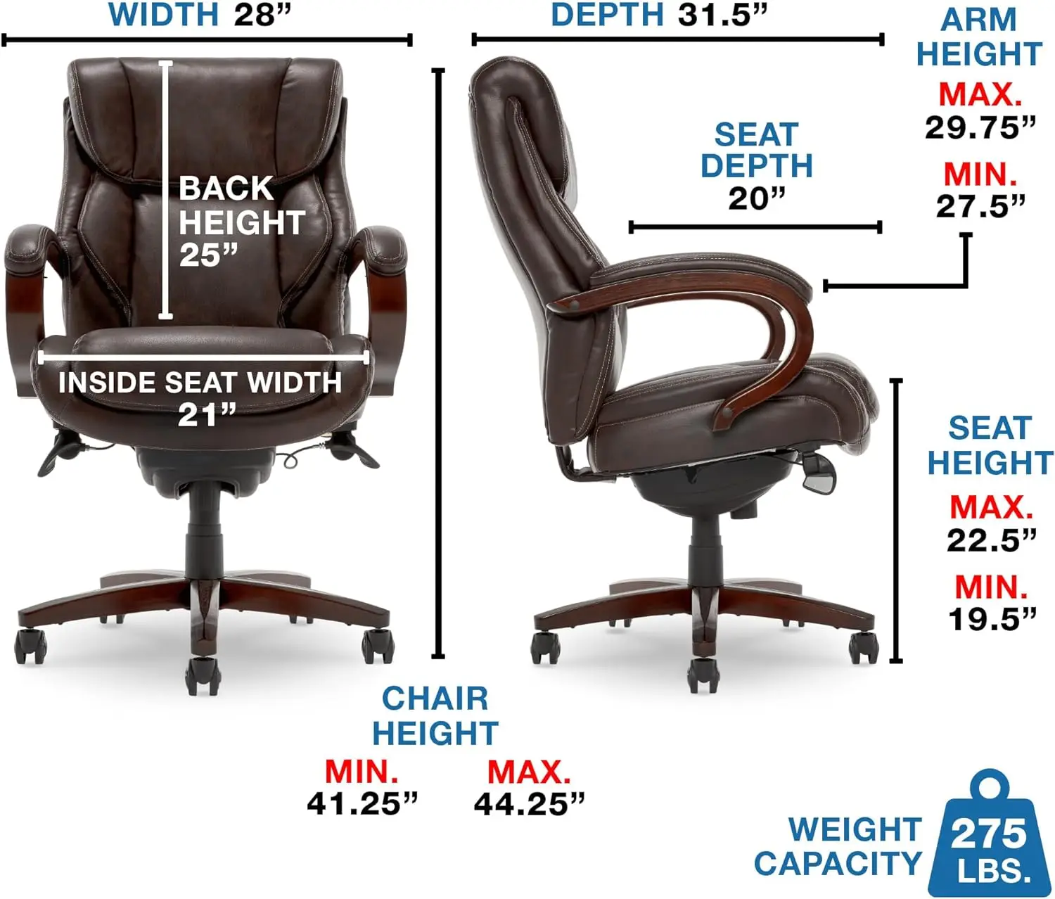 Memory Foam Executive Office Chair with Solid Wood Arms and Waterfall Seat Edge Bonded Leather Brown