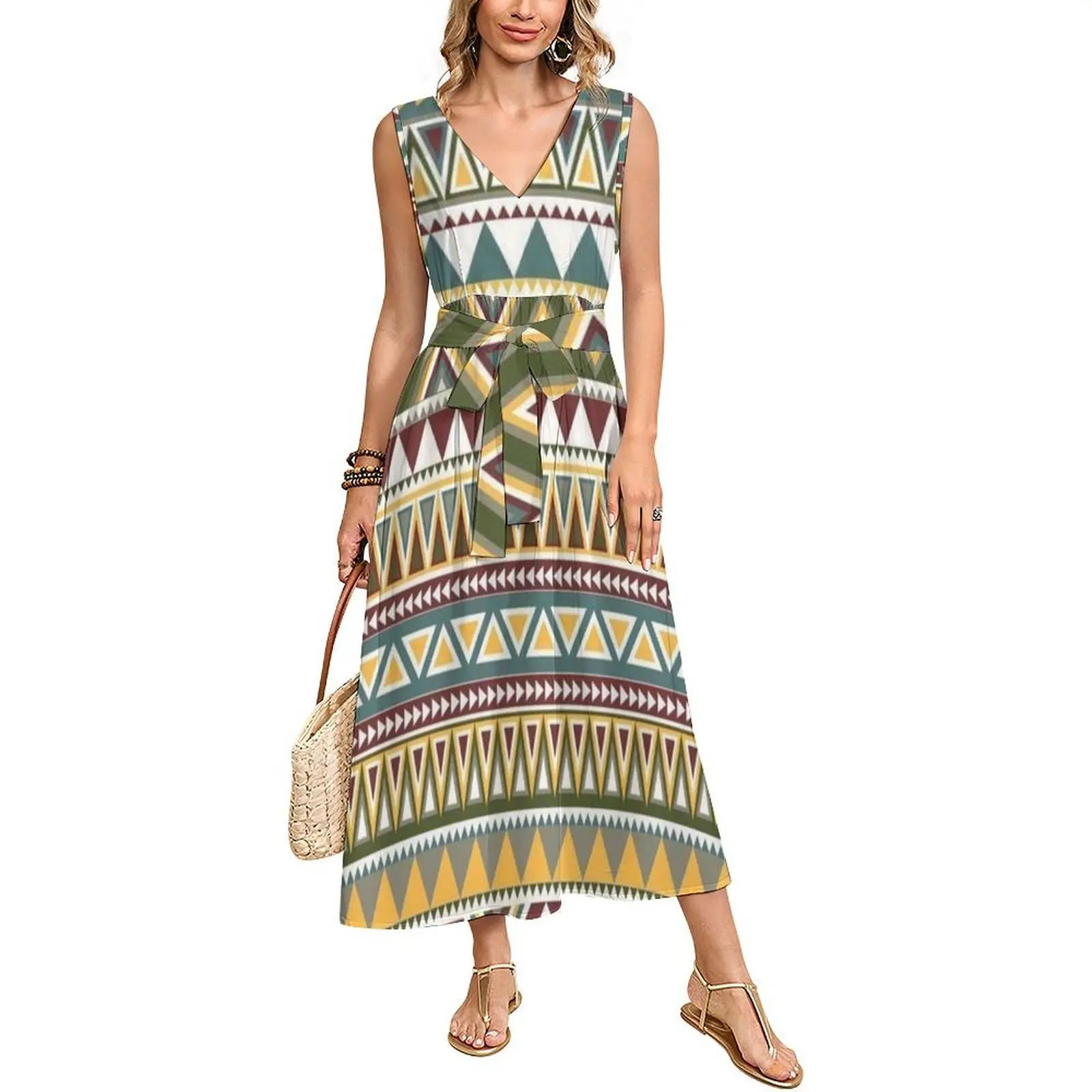 فستان طويل بتصميم حزام بدون أكمام للحفلات فضفاض وأنيق للصيف على جزيرة المحيط الهادئ، فستان طويل بطباعة نمط قبلي أزتيك جديد #1