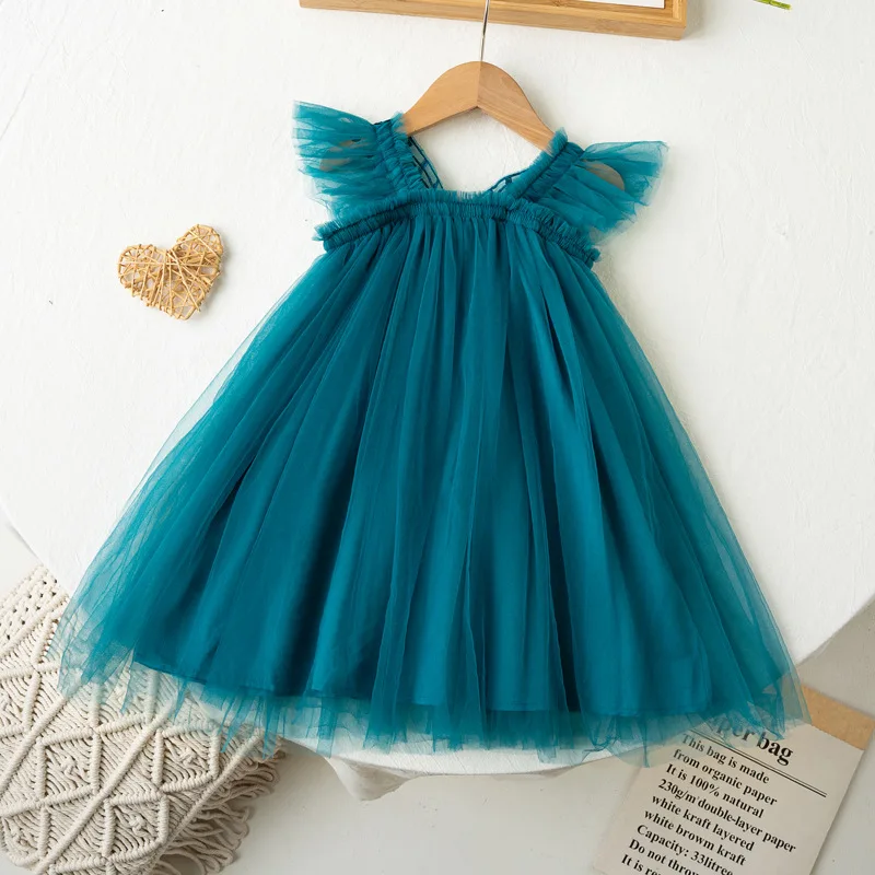 2-8Y Children's Girls Dresses With Wing Summer Sleeveless Lace Princess Clothes Soft Baby Tulle Dresses For Girls Clothing 2024