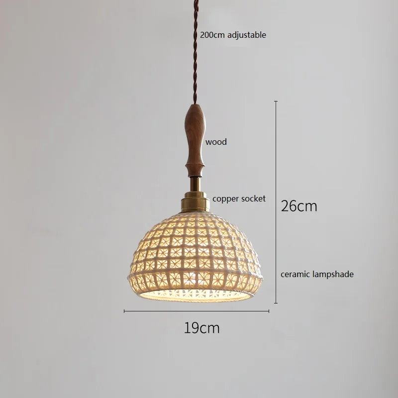 Japanese Style Ceramic LED Pendant Lights Fixtures Vintage Ash Wood Handle Beside Bedroom Dining Living Room Light Hanglamp