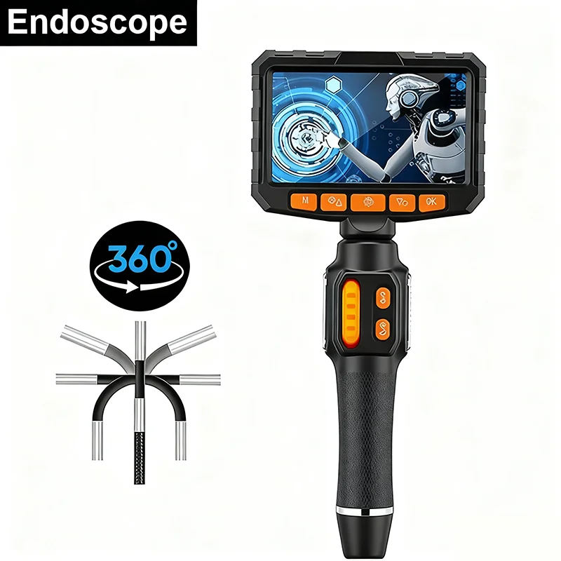 360 °   Endoskop z podwójną obrotową sondą, kamera inspekcyjna endoskopowa 3,9/6,0 mm z 5-calowym wyświetlaczem IPS, endoskop mechaniczny do zastosowań motoryzacyjnych i przemysłowych