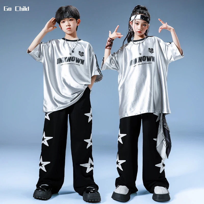 

Boys Hip Hop Silver T-shirt Street Dance Joggers Pants Girls Sequin Top Child Shiny Streetwear Clothes Sets Kids Jazz Costumes