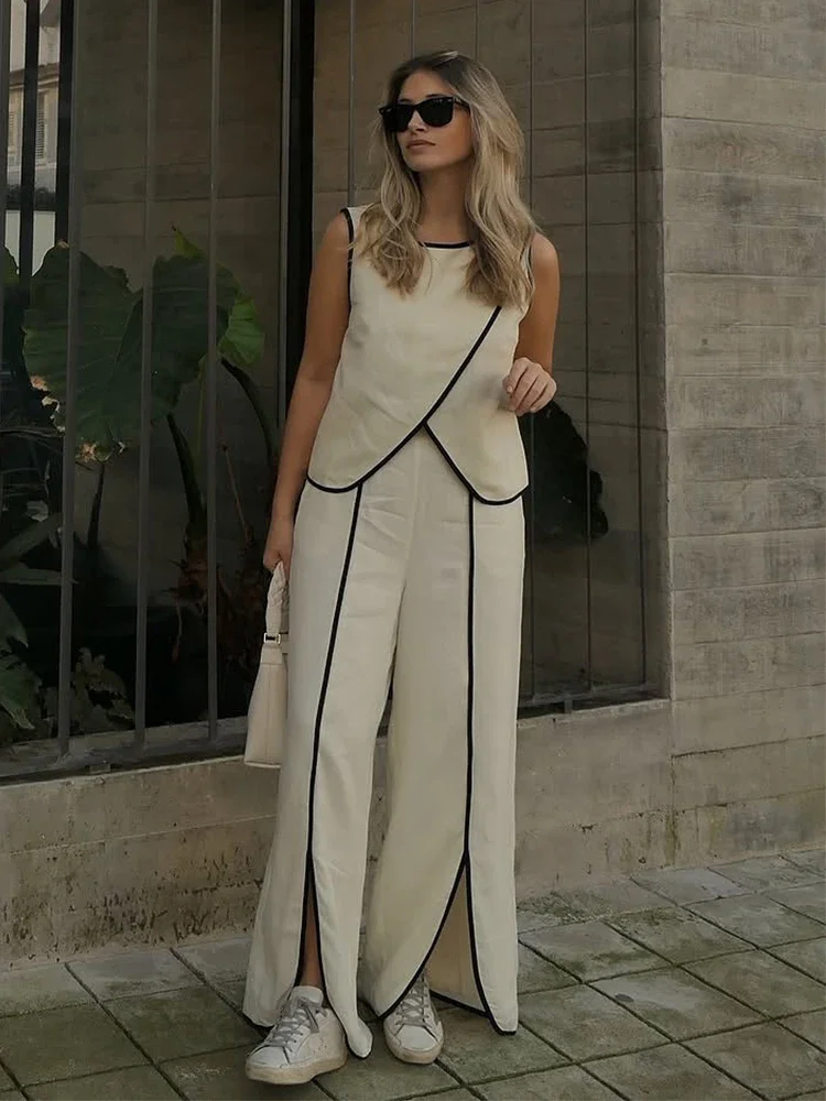 

2025 Summer Women's Two Piece Set Loose Sleeveless Blouse High Waist Pant Suit Elegant Casual Outfit Summer Beach Street Fashion