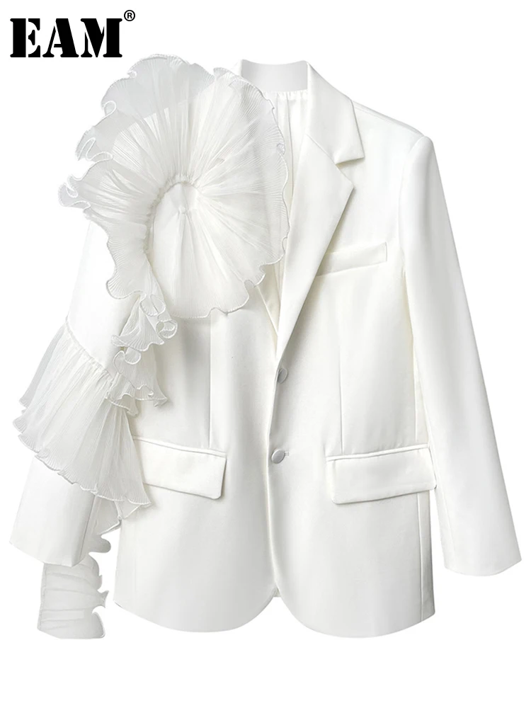 [EAM]  Women White Ruffles Big Size Blazer New Lapel Long Sleeve Loose Fit Jacket Fashion Tide Spring Autumn 2024 1DE3921