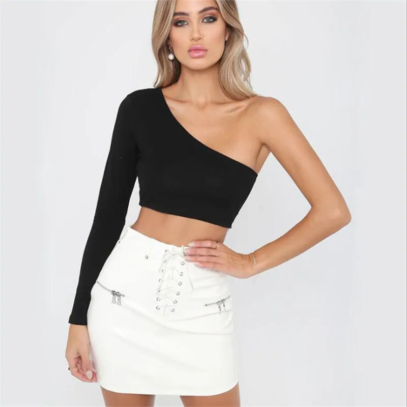 2024 summer Europe and the United States sexy women's diagonal shoulder long sleeve crop slim comfortable top