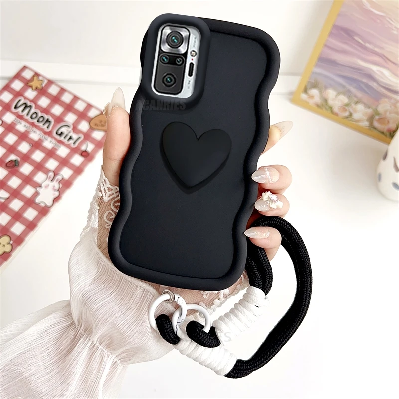 Note10s-funda de silicona ondulada con corazón de amor para Xiaomi Redmi Note 10, 11, 9, 8, 12 Pro, 4g, 5g, 10s, 11s, 9s, 10c, funda con correa para muñeca