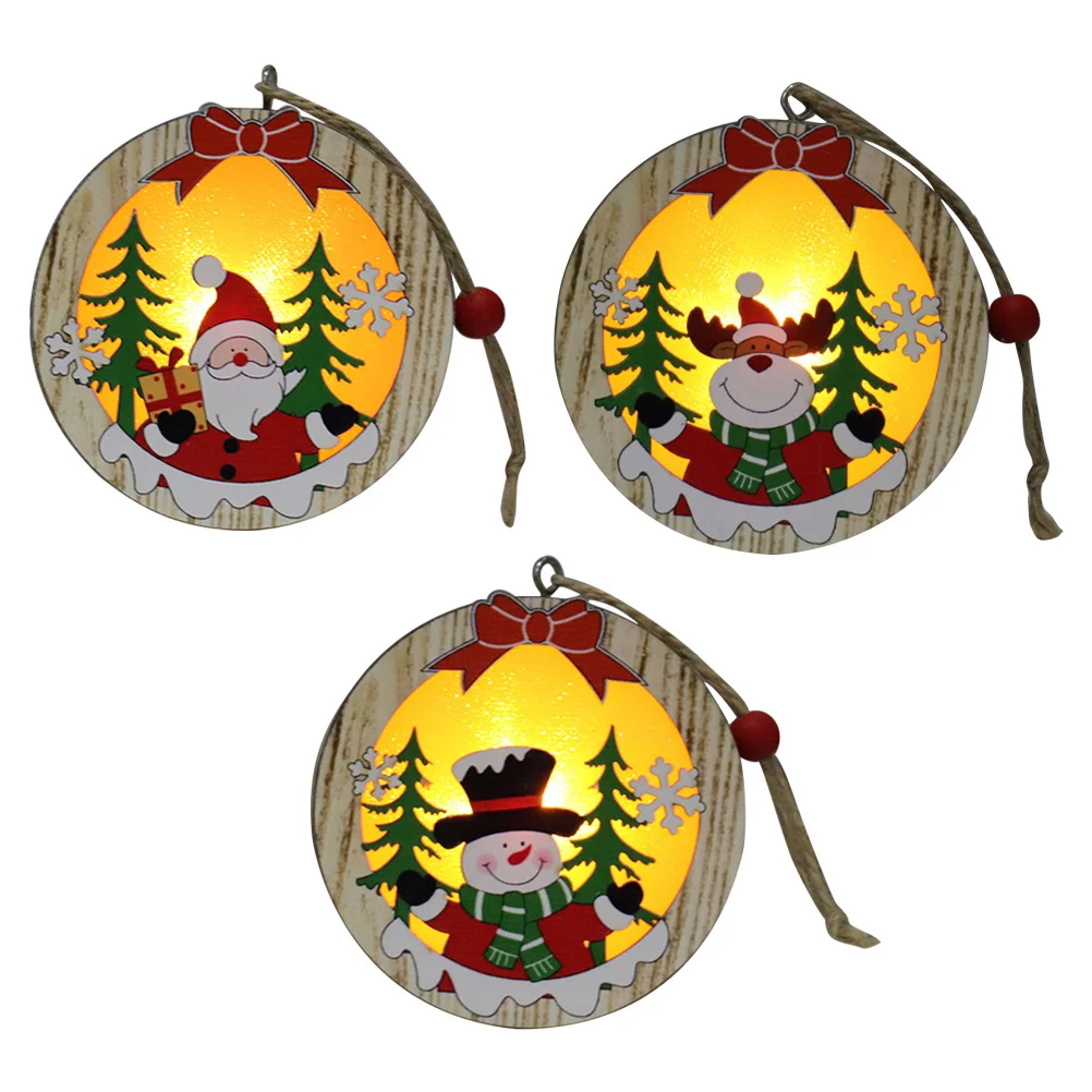 

3PCS Round Lighting Hanging Ornament Creative LED Pendant Christmas Wooden Decoration wooden christmas decor