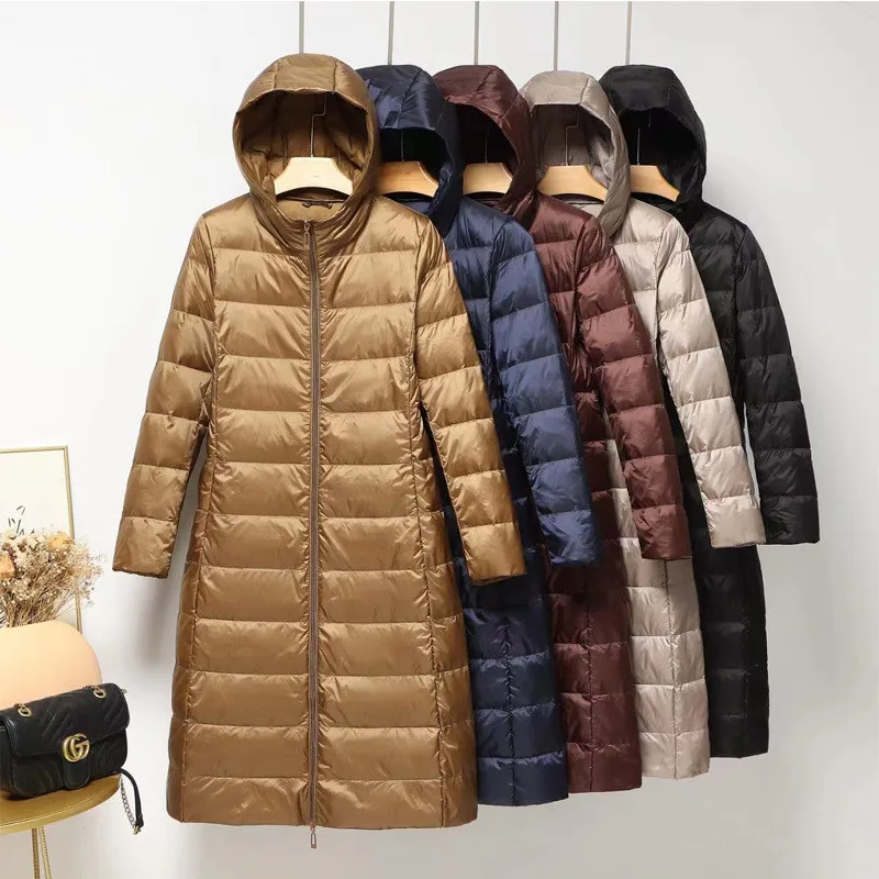 

2022 Autumn Winter Women Hooded Down Jacket Light Thin White Duck Down Coat Parkas Female Long Warm Puffer Bigsize Outerwears