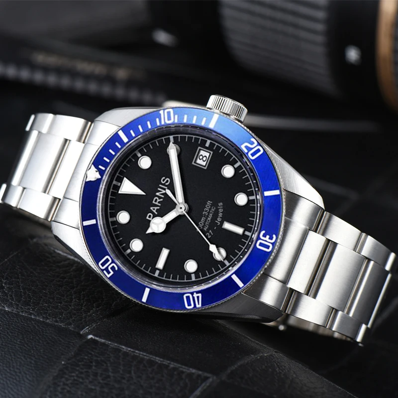 Fashion Parnis 41mm Blue Bezel Automatic Mechanical Men Watch 21 Jewel Calendar Luxury Waterproof Watches reloj para hombre 2024