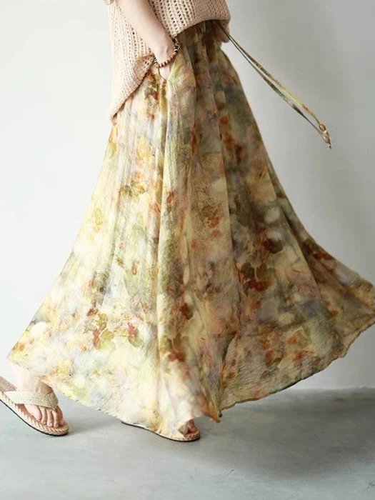 Elegant Plant Imitation Printing Maxi Skirt with Drawstring Elastic Waist Slimming Floral A-Line Skirt for plus Size Women image 2