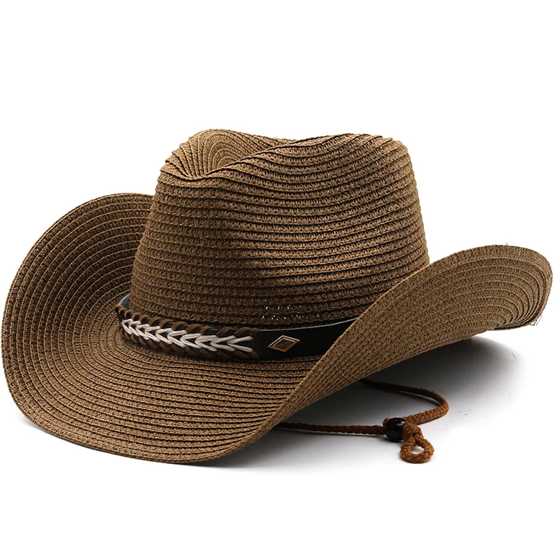 

Straw Cowboy Hat with New Metal Plated Hatband Shapeable Cowgirl Jazz Caps For Dad Summer Western Sombrero Vacation Beach Sunhat