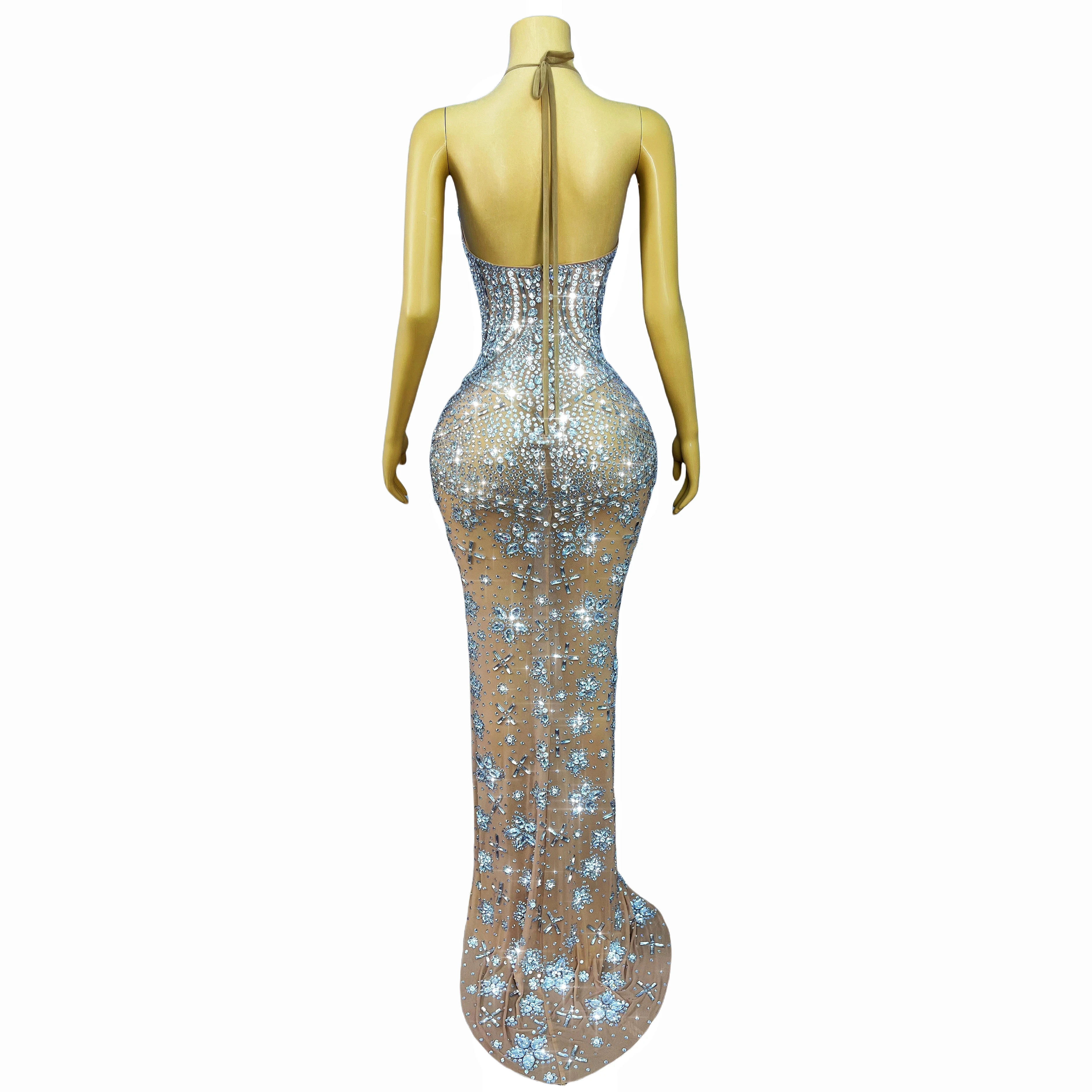 Luxo sexy strass vestidos de noite com decote em v sem costas alta divisão malha vestido feminino cocktail festa de formatura casamento palco wear