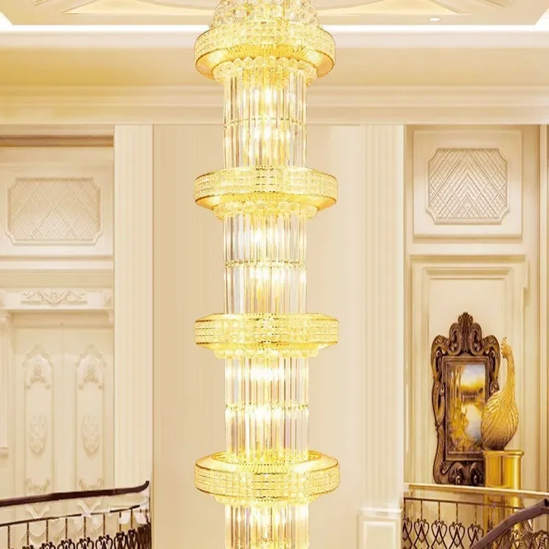for Duplex Floor Crystal Chandelier Atmospheric Hollow Living Room Hotel Villa Lobby Rotating Staircase Long Pendant Light