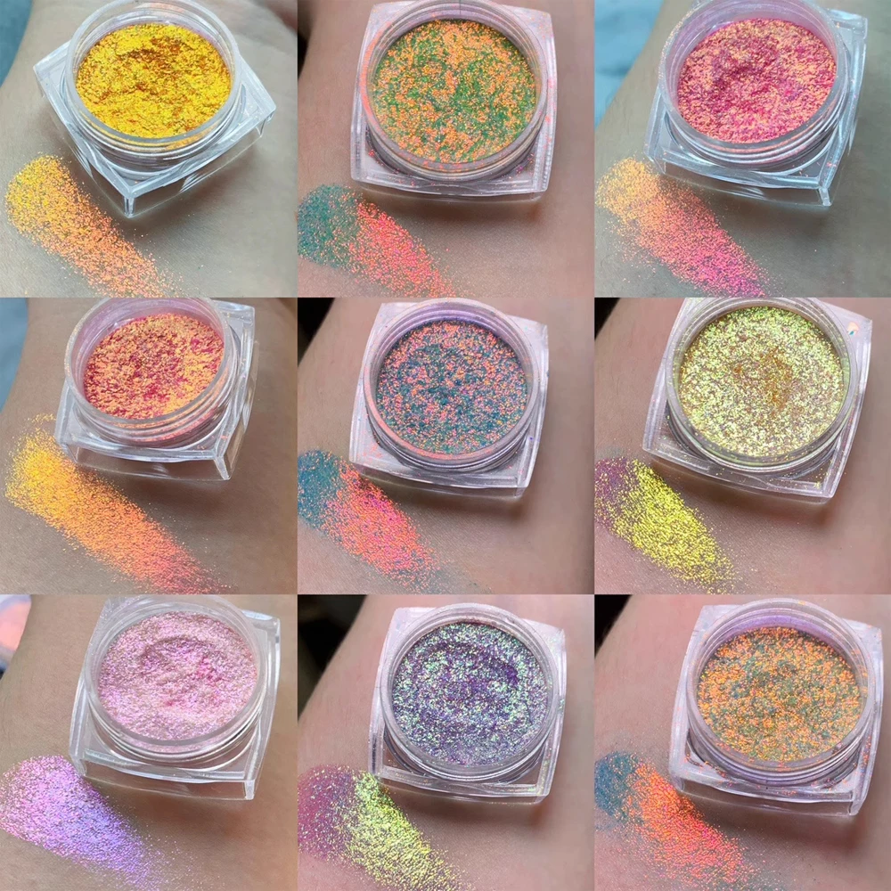 Ensemble de poudres caméléon néon aurore, 8 couleurs, holographique, arc-en-ciel coloré, paillettes pour frotter les ongles, poudre chromée, Pigment de noël à faire soi-même