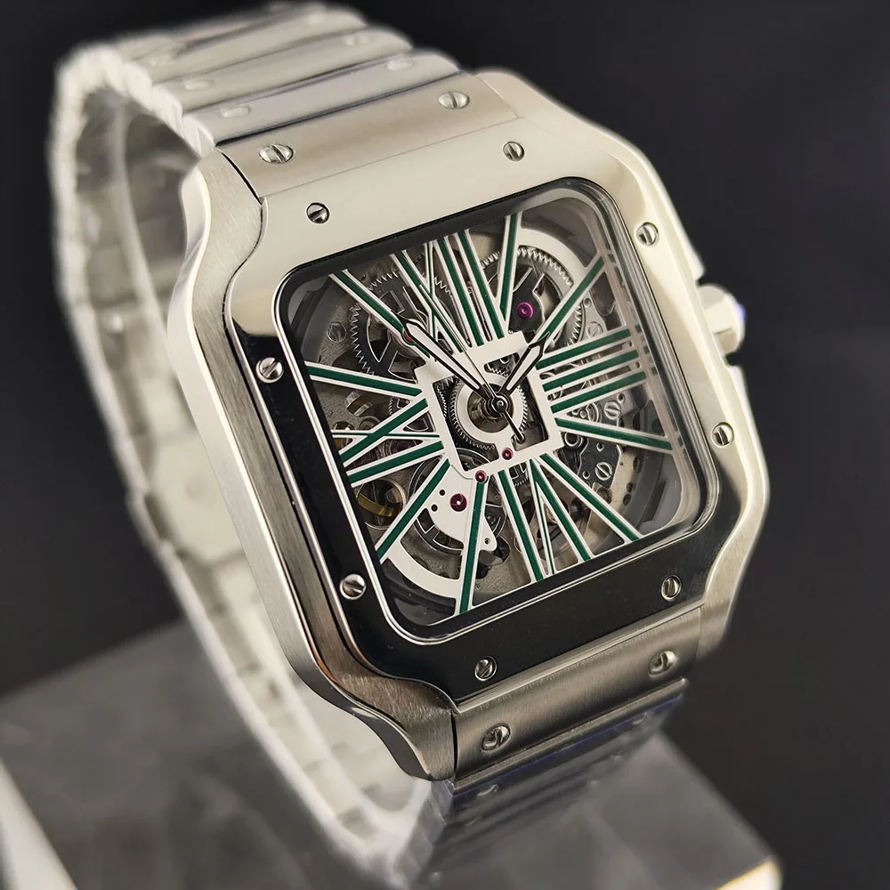 ساعة NH70 جديدة مربعة للرجال من الفولاذ المقاوم للصدأ ساعة ميكانيكية أوتوماتيكية بقرص مجوف NH70 حركة زجاج الياقوت