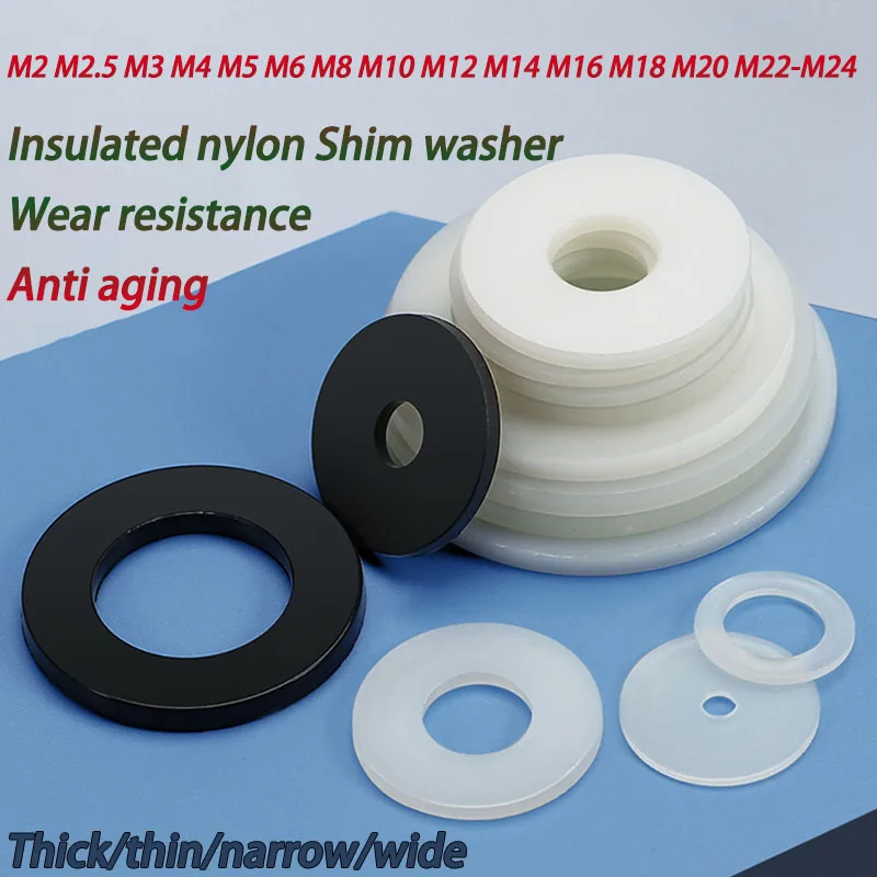 

10-100Pc Nylon Washer Flat Gasket Plastic Sealing Hard Washers Black White M2 M2.5 M3 M4 M5 M6 M8 M10 M12 M14 M16 M18 M20-M24