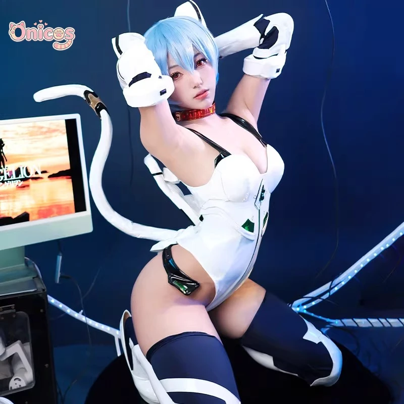 Ayanami Rei Cat Ear Anime Cosplay Costume  Sexy and spicy girl style High fork tight fitting jumpsuit Onicos view 4