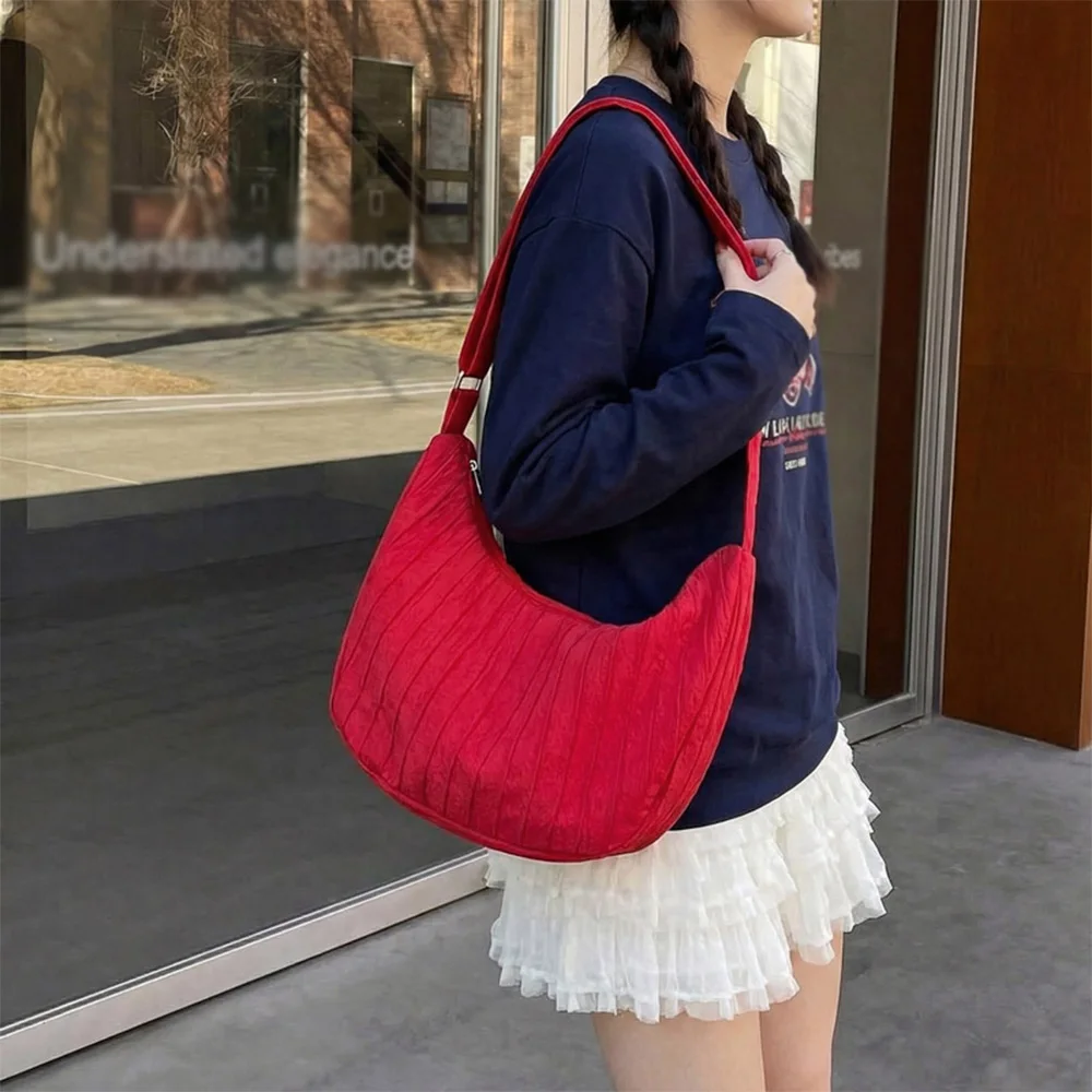 

Korean Style Red Pleated Hobo Bag, Casual Adjustable Strap Shoulder Bag for Women, Perfect for Daily Commute, Casual Outings