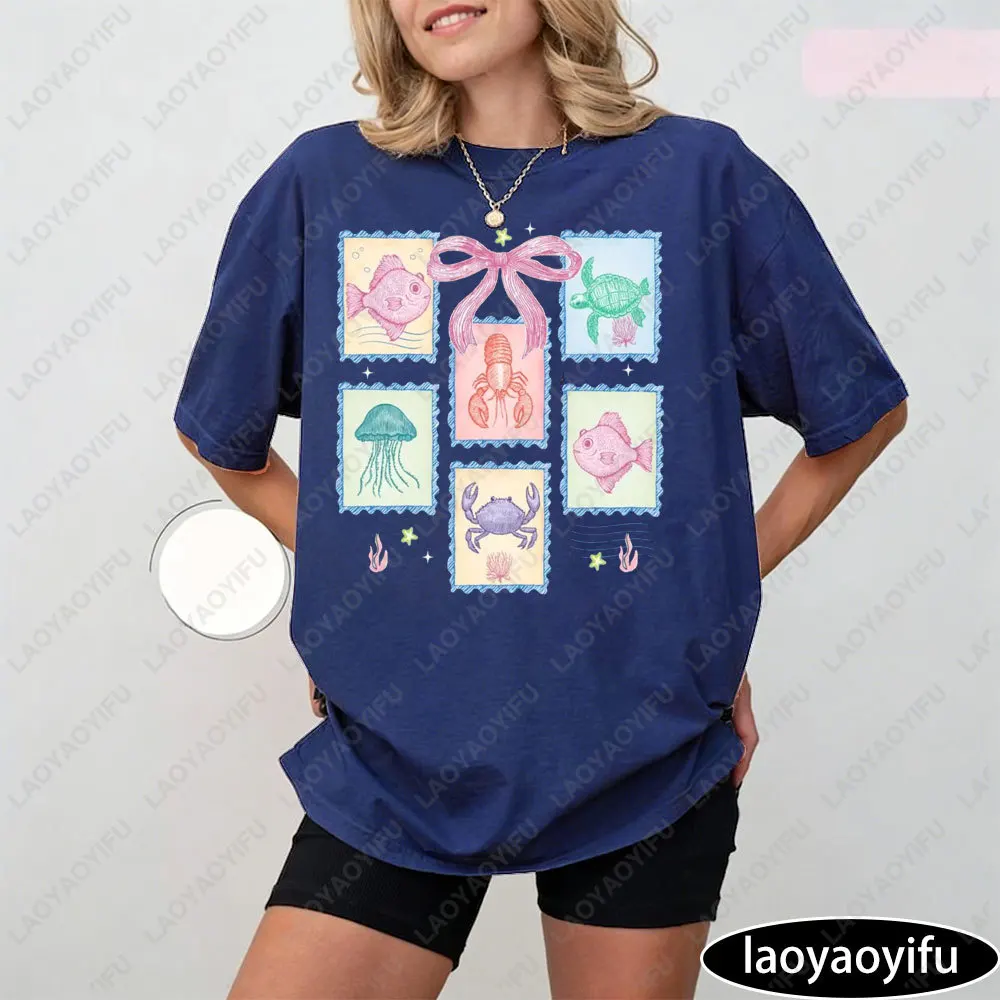 

Vintage Ocean Life Stamp T Shirt Coastal Aesthetic Sea Styled Cute Women Casual Summer Beach Ocean Lover Basic Short Sleeve