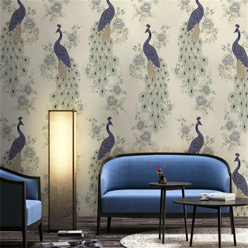 

New Chinese style retro non-woven fabric blue peacock wallpaper Chinese style living room bedroom background wallpaper