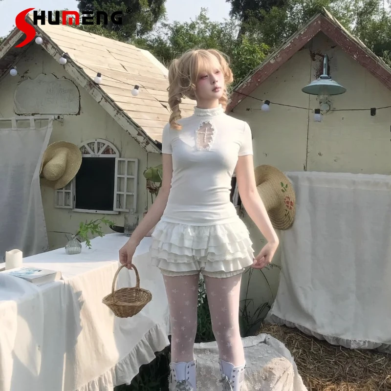 

Original Harajuku Japanese Gothic Y2k Skirt Set Summer Kawaii Girl's Lace Stitching Short Sleeve Top T-shirt Culottes Outfit