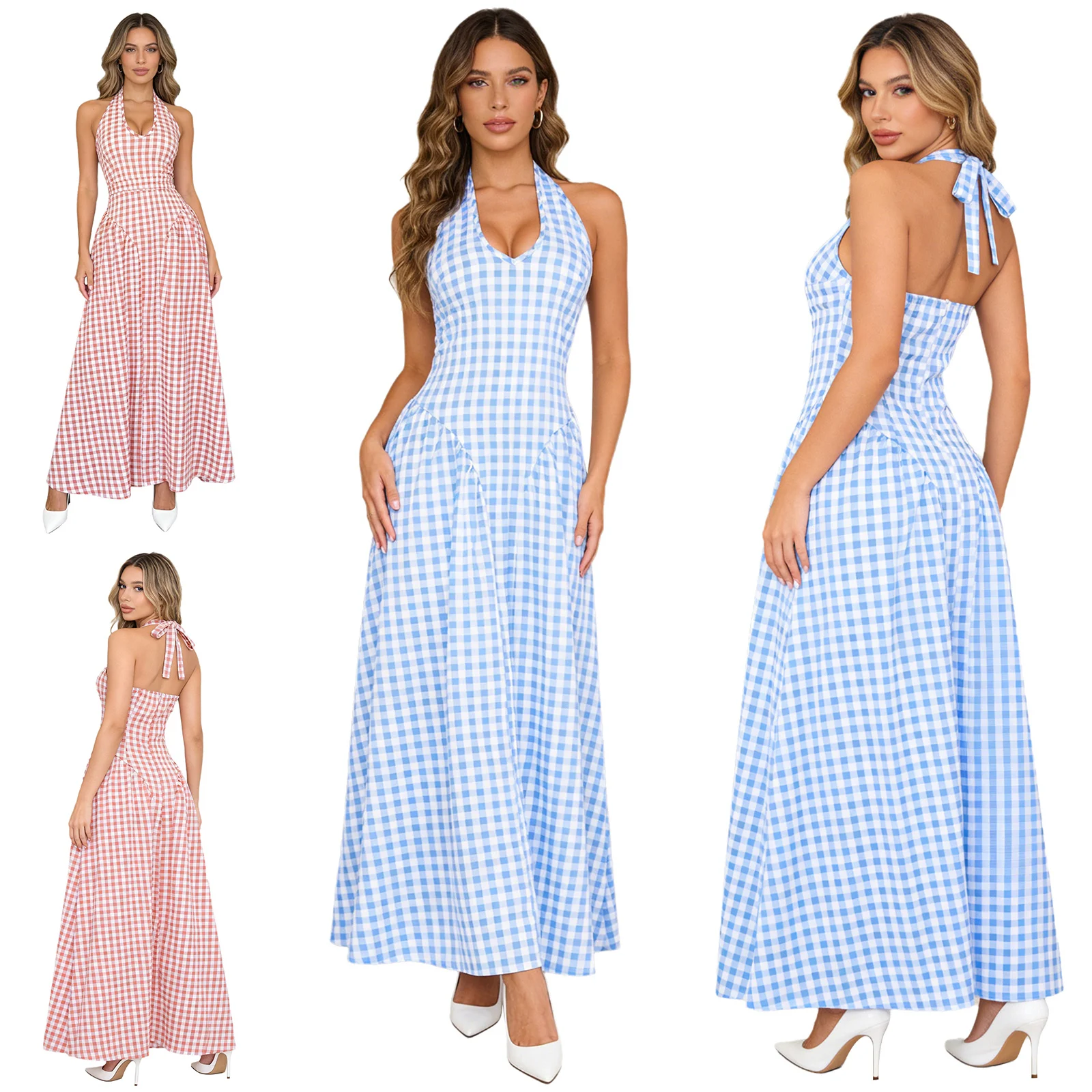 

Women 2026 Plaid Halter Maxi Dress Sleeveless Backless A Line Sundress Boho Summer Vacation Travel Casual Wear