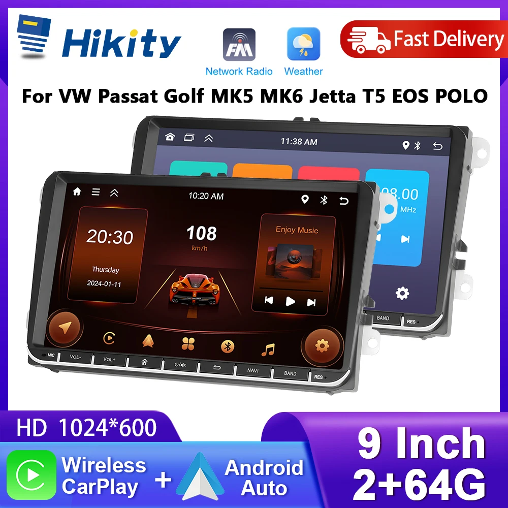 Hikity 2Din 9" Car Radio for VW Passat Golf MK5/6 Jetta T5 EOS POLO Touran Seat Sharan Carplay Touchscreen Mirrorlink GPS Player