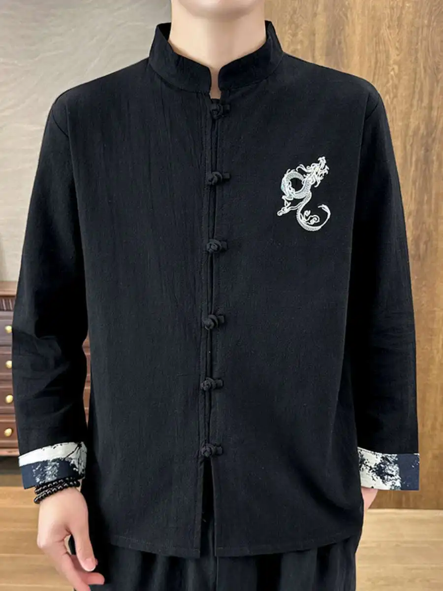 

Casual Cotton Linen irt Men's Loose Stand Collar Long Sve Spring Summer Thin Embroidered Lightweight Ethnic Sle Clothing