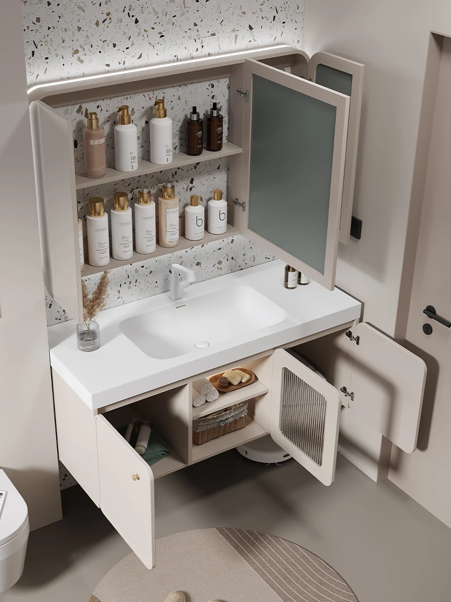 Corian-mueble de baño con lavabo integrado, mueble con combinación de pintura de roble, lavabo inteligente para piscina, con sensación de piel