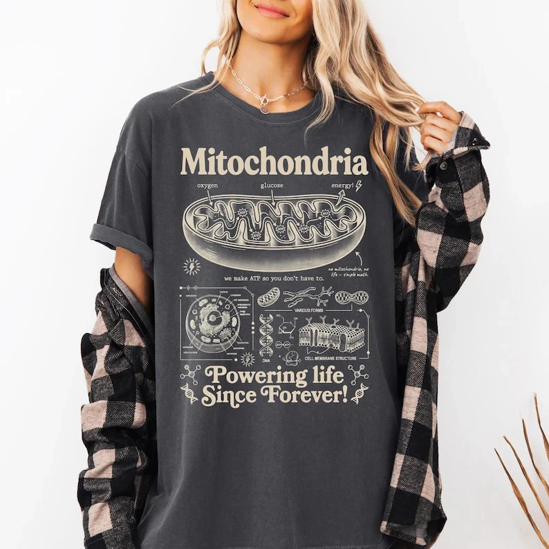 Mitochondria Retro Science T-Shirt Vintage Biology Graphic Tee 90s Academic Cell Diagram Shirt Geeky Lab Humor Top