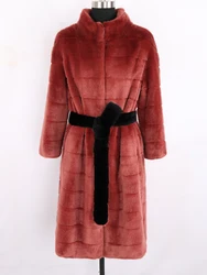 Nerazzurri Winter Long Thick Warm Striped Fluffy Faux Fur Coat Women 3/4 Sleeve Belt Plus Size Elegant Luxury Fashion 6xl 7xl