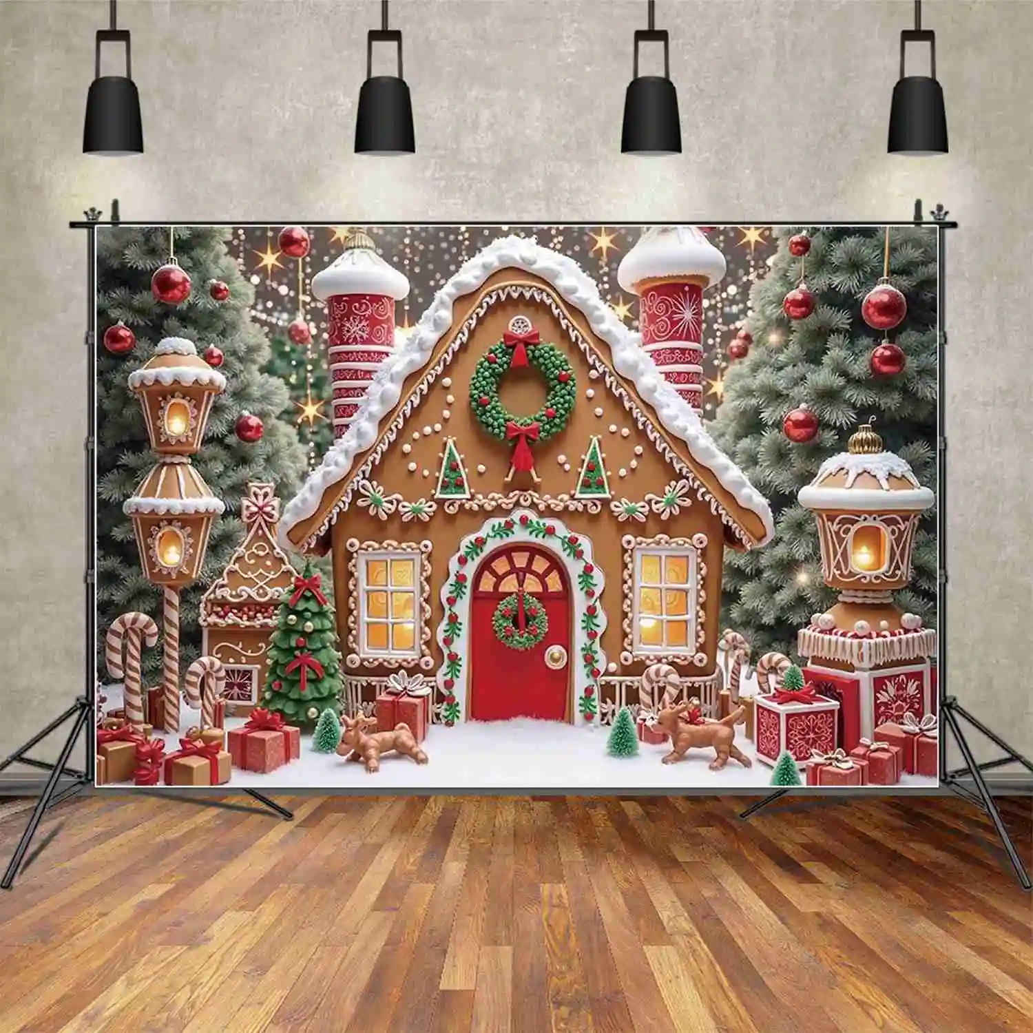 MOON.QG Merry Christmas Background Photography Baubles Gingerbread House Xmas Trees Photocall Backdrop Baby Studio Accessories