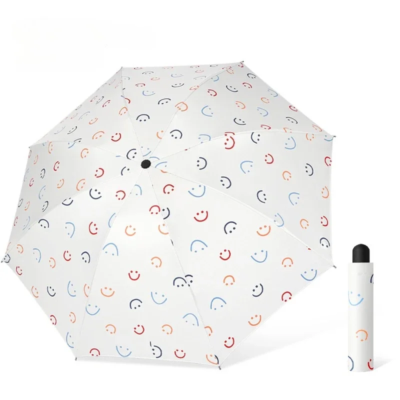 New Smiley Face Pattern Umbrella Rain and Shade Black Coating Sun Umbrella Girls Fresh Sun UV Protection Triple Folding Umbrella