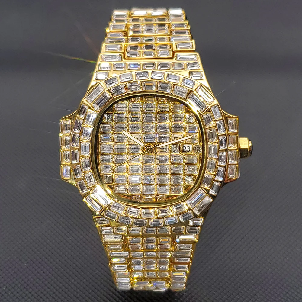 Luxury Brand Watch for Men Fashion Diamond Inlay High Quality Stainless Steel Timepiece Gold Plated Waterproof Ice Reloj Hombre