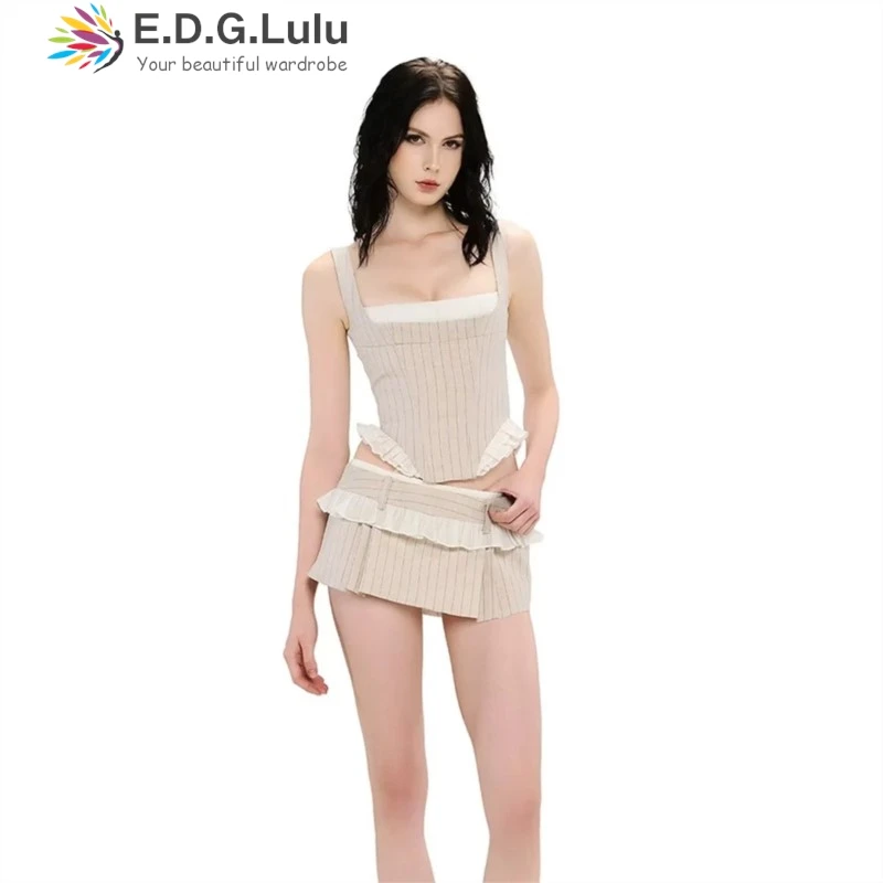 EDGLuLu 2026 Spring New Drawstring Lace-Up Backless Square Neck White Splicing Grid Strap Top+Skirt Two Piece Set 0526