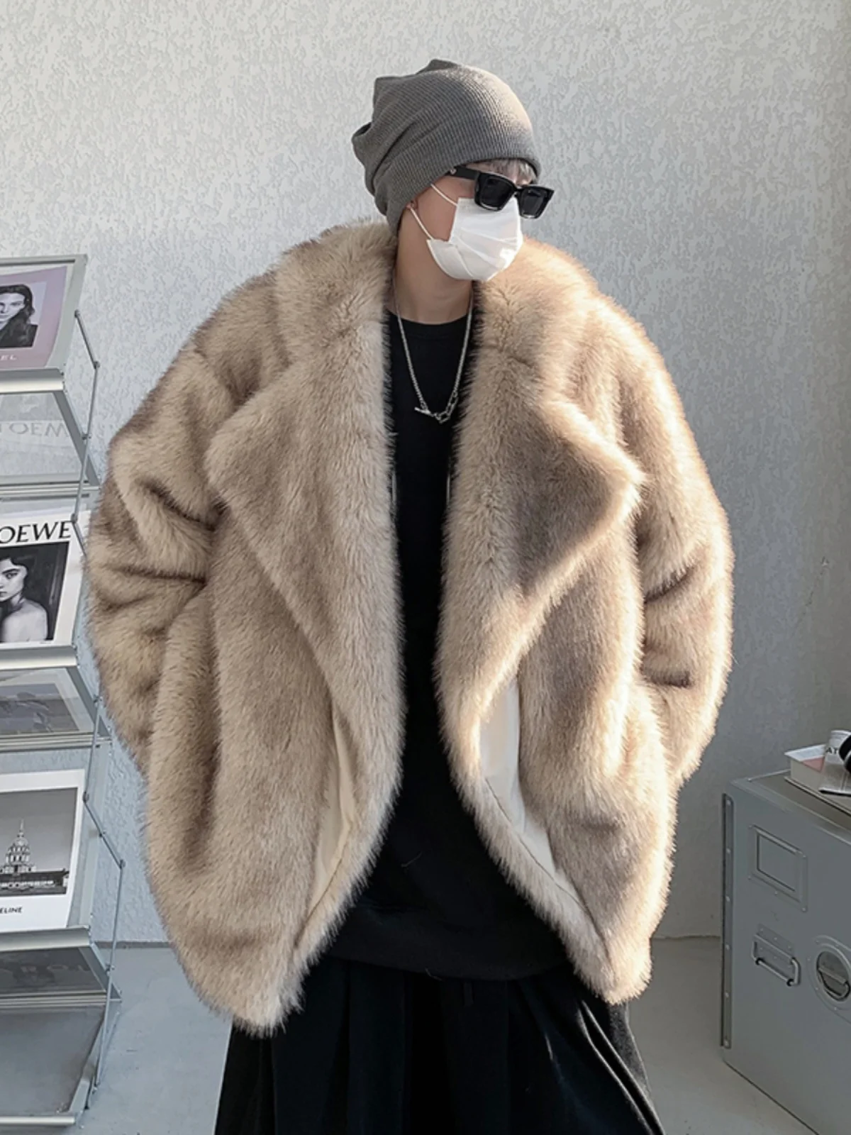 

Winter Thiened Fur Jaet Men's Street Sle Long Sve Coat Middle-Length Fur Simulation Loose Cotton Padded Jaet