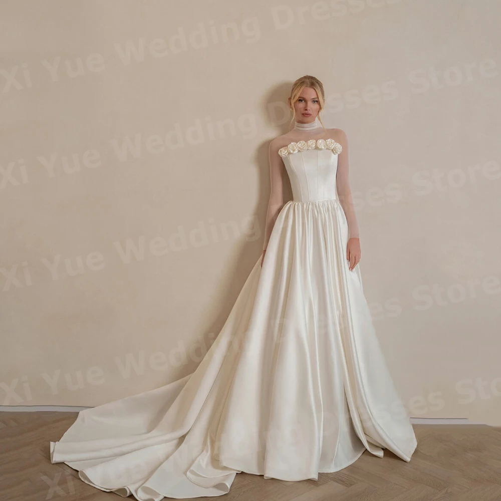 Anmutige A-Linie Brautkleider für Damen, Stehkragen, lange Ärmel, Vestidos De Novia, Brautkleider, individuelle Blumen, Hochzeitskleid