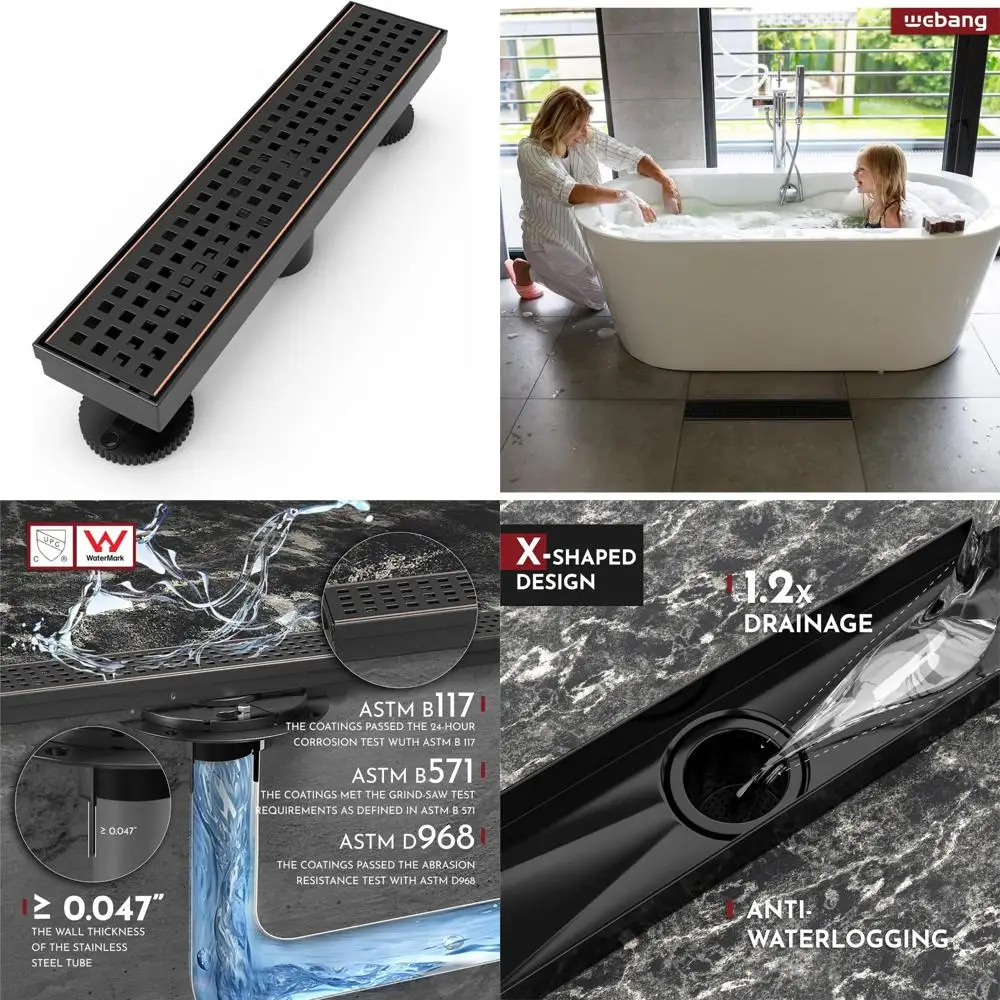 

WEBANG 12 Inch Linear Shower Drain Rectangular Floor Drain with Accessories Square Hole Pattern Cover Grate Removable SUS304 Sta