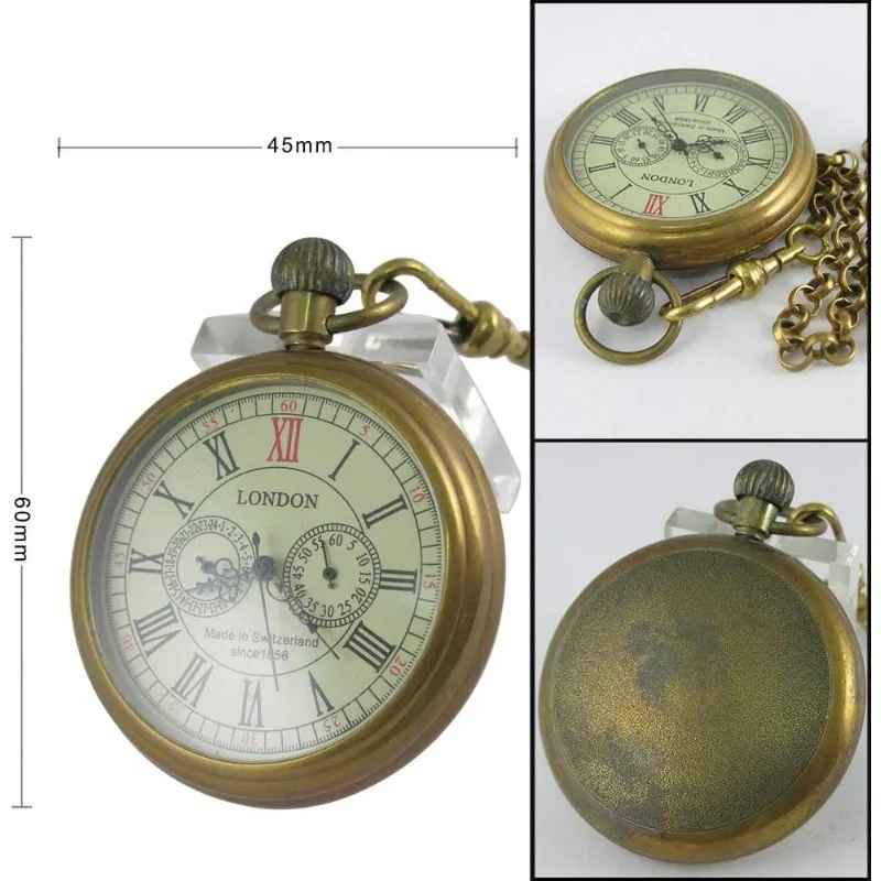 Men's Vintage Full Copper Hand-Wind Mechanical Second&24hours Sub-dials Pocket Watch in Box