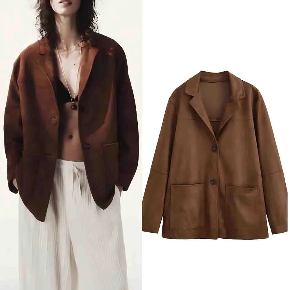 

Women's 2025 new fashion loose double-sided velvet Faux Leather suit coat retro long sleeved Button-up women's coat chic top