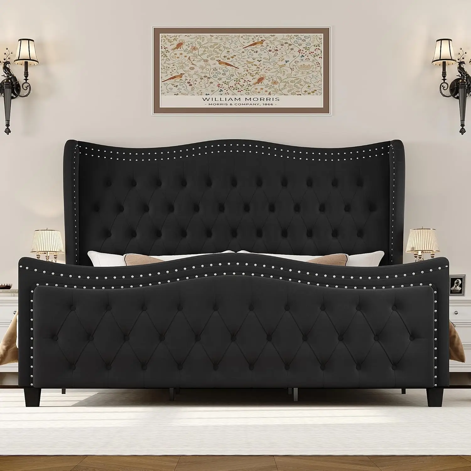 Queen Bed Frame, 55" Headboard Upholstered Bed with Tall Footbaord, Velvet Handmade Pleats Deep Button Tufted Wingback P