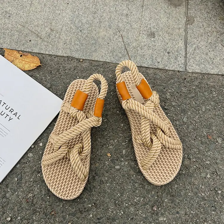 Rainbow Color Rope Sandals Woman Retro Weaved Fishman Sandalias Ladies Sea Blue Beach Slippers Handmade Bohemian Straw Shoes