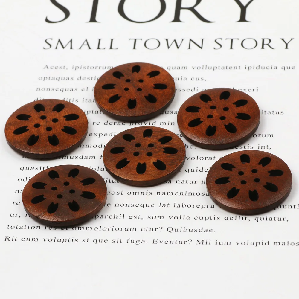 20pcs 25mm Brown Round Hollow Flower Natural Wooden Buttons For Clothing Decoration Craft Diy Cardigan Sewing Button Accessories