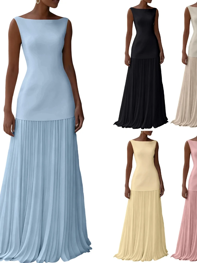 Vrouwen Mouwloze Slash Hals Losse Solid Party 2025, Zomerjurken Vakantie A-lijn Gewaad Geplooid Patchwork Elegante Lange Jurk - afbeelding 2