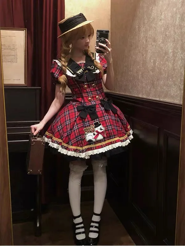 Japanisches Lolita-Kleid im Y2K-Stil mit Kawaii-Schleifenkragen, britischer Stil, Patchwork-OP-Rock, Damenkleidung für den Alltag, Teeparty und Rollenspiele